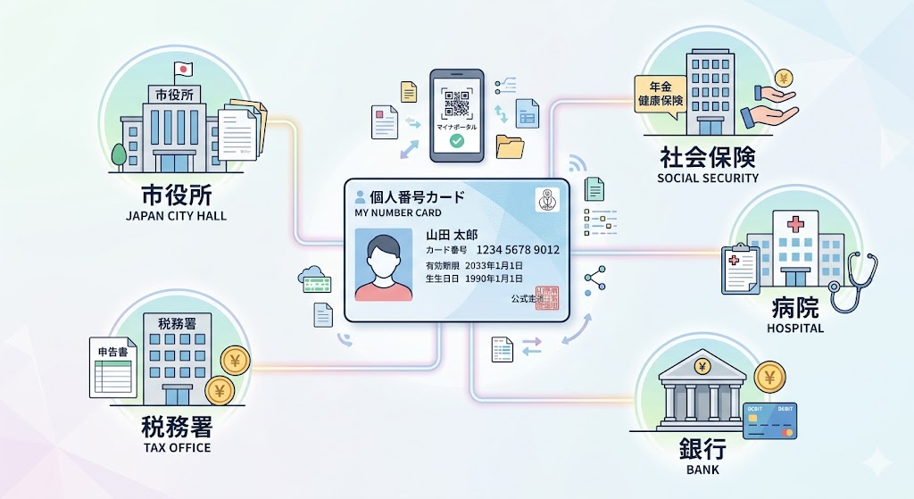 マイナンバーカードと行政連携をイメージしたイラスト