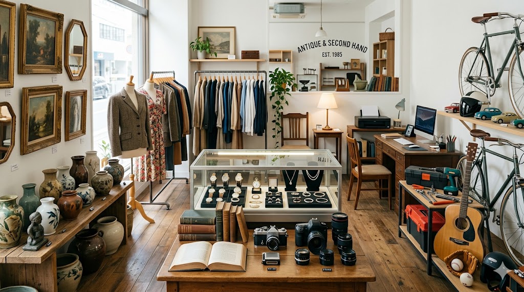 13品目を象徴する様々な商品(時計、本、カメラ、家具等)が並んでいるイメージ