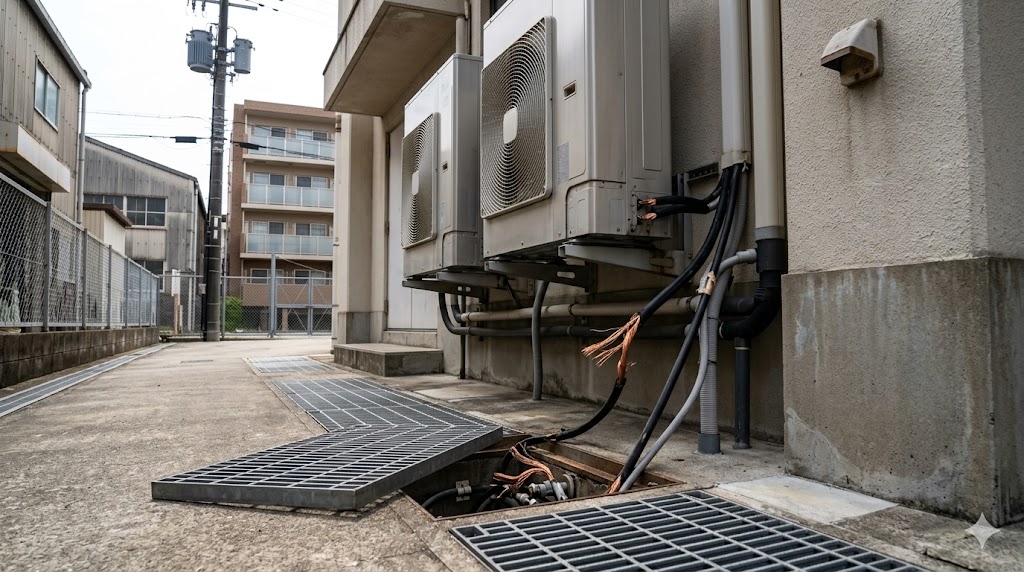 室外機、電線、グレーチングの写真