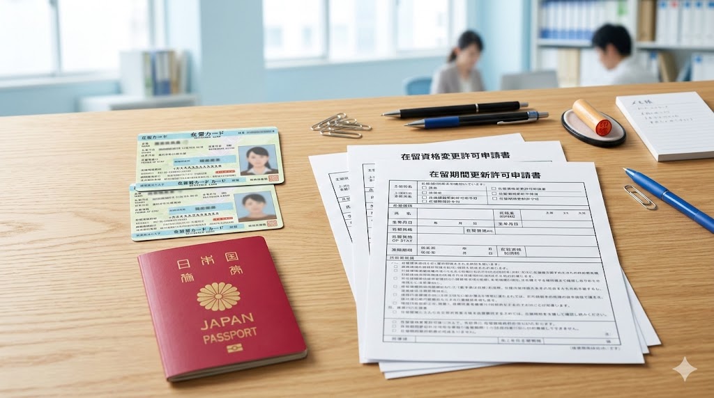 在留カードと書類を広げたデスクのイメージ写真