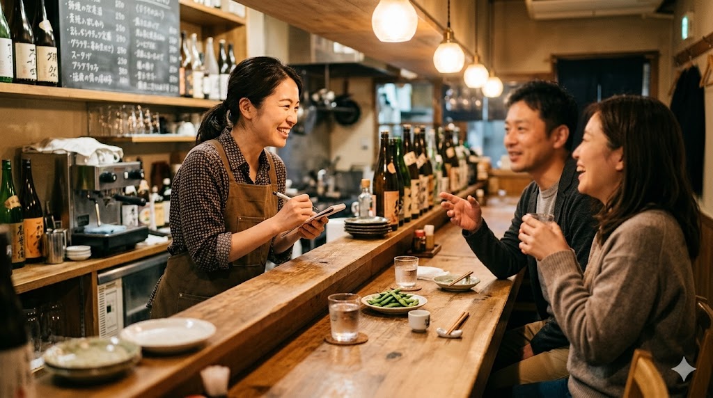 カウンター席で接客する様子のイラスト