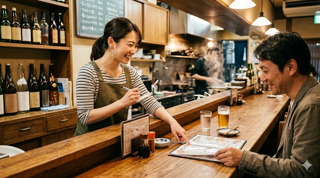飲食店のカウンター越しに接客する様子