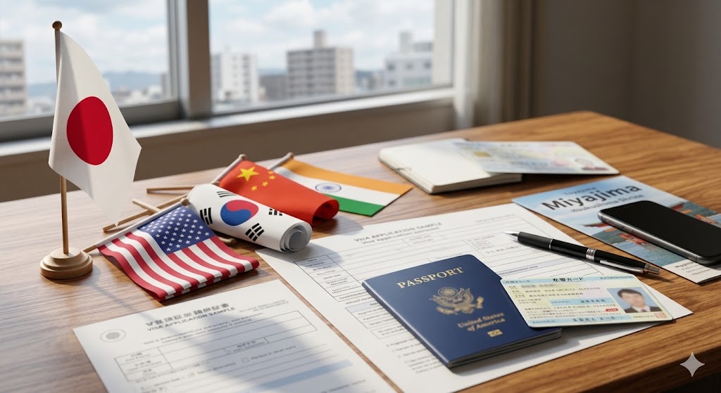 日本の国旗と各国の国旗、在留カード、パスポートなどを並べたイメージ図