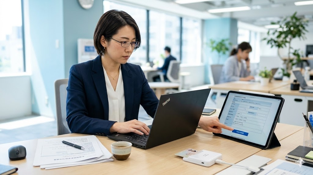 パソコンやタブレットでオンライン申請を行うビジネスパーソンのイメージ