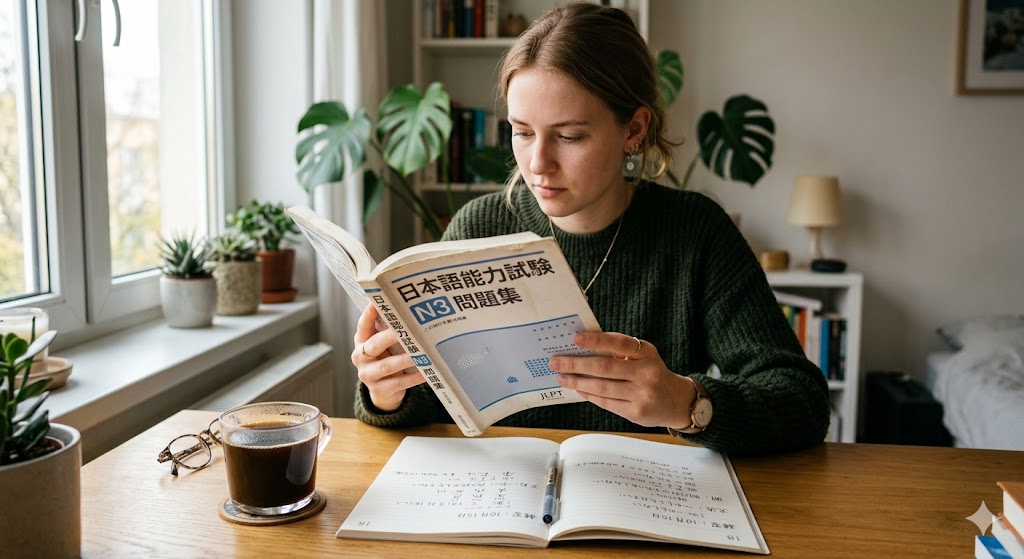 日本語の教科書やJLPTの問題集を手にする外国人のイメージ写真