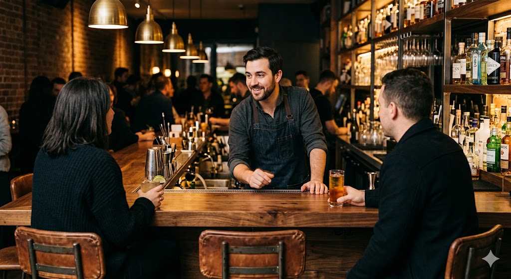 バーでカウンター越しに接客する画像