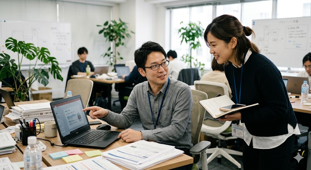 外国人材と日本人スタッフが打ち合わせをしているイメージ写真