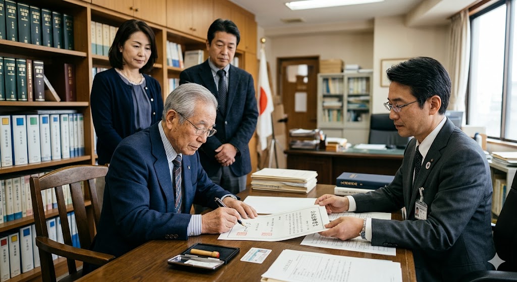 公証人役場で遺言をチェックする男性のイメージ写真