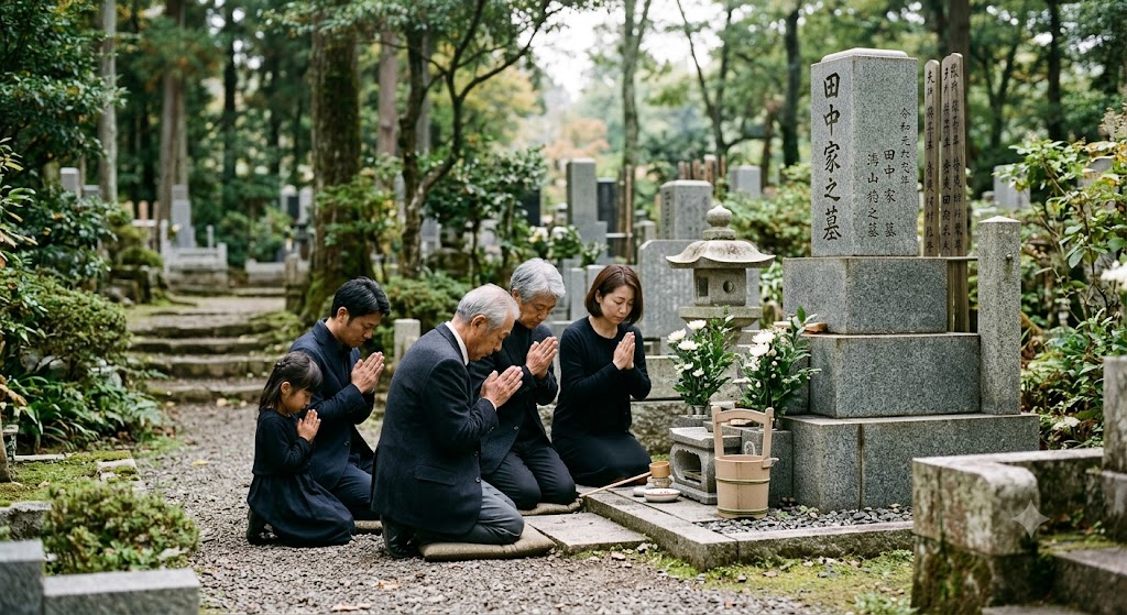 墓じまい　お墓参りをする家族のイメージ写真