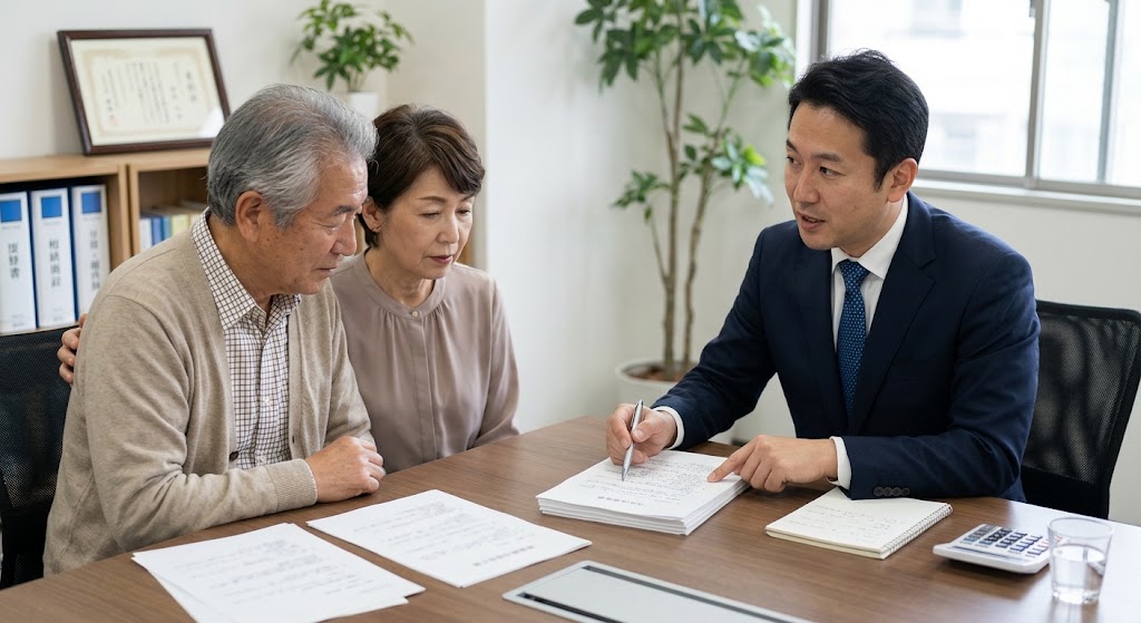 家族と公正証書遺言の確認をするイメージ