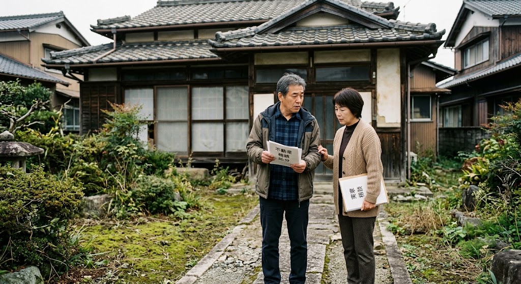 空き家の前で相談するご夫婦